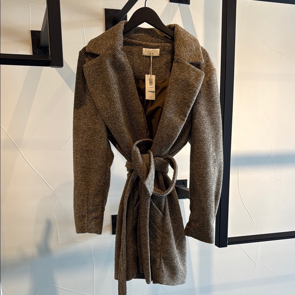 Brown Herringbone Belted Coat